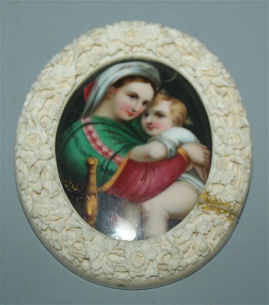 Miniature portrait on porcelain in ivory frame